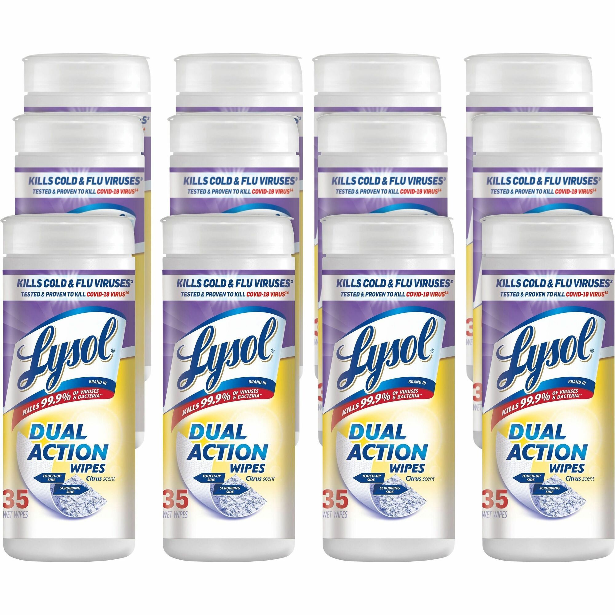 Lysol Dual Action Wipes - For Multi Surface - Citrus Scent - Recommended For: Stain Remover - White/Purple - 35/Tub - 12 / Carton