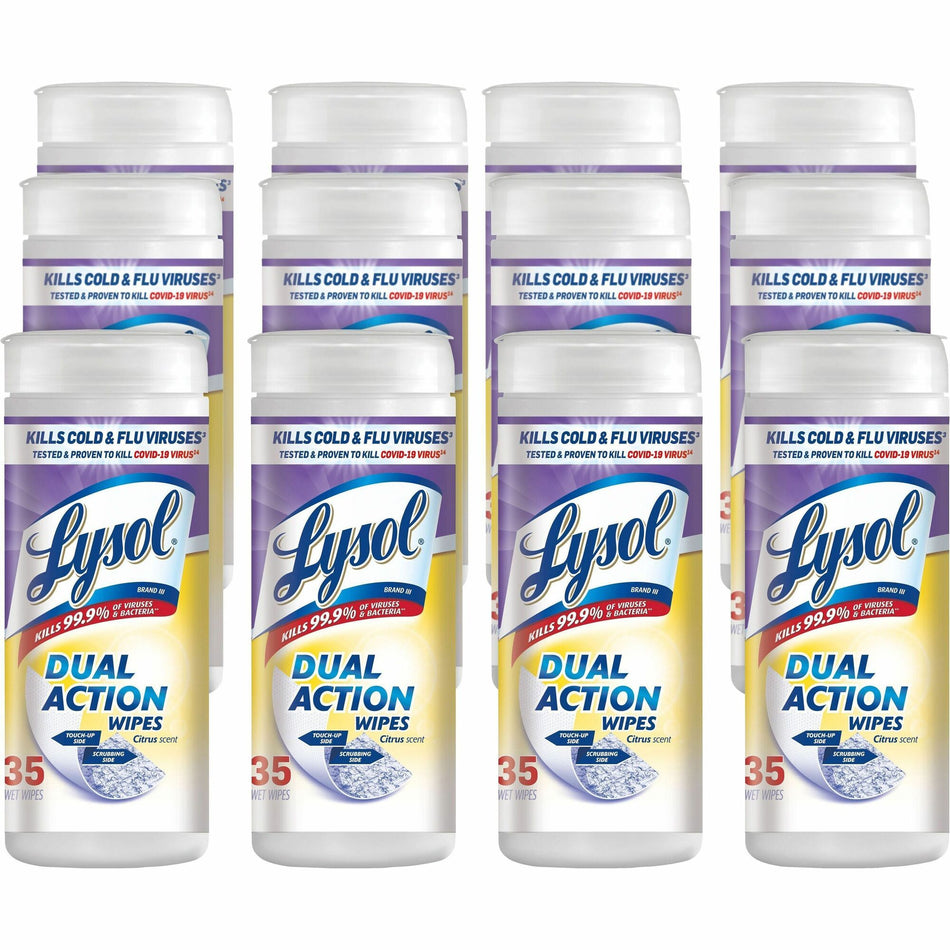 Lysol Dual Action Wipes - For Multi Surface - Citrus Scent - Recommended For: Stain Remover - White/Purple - 35/Tub - 12 / Carton
