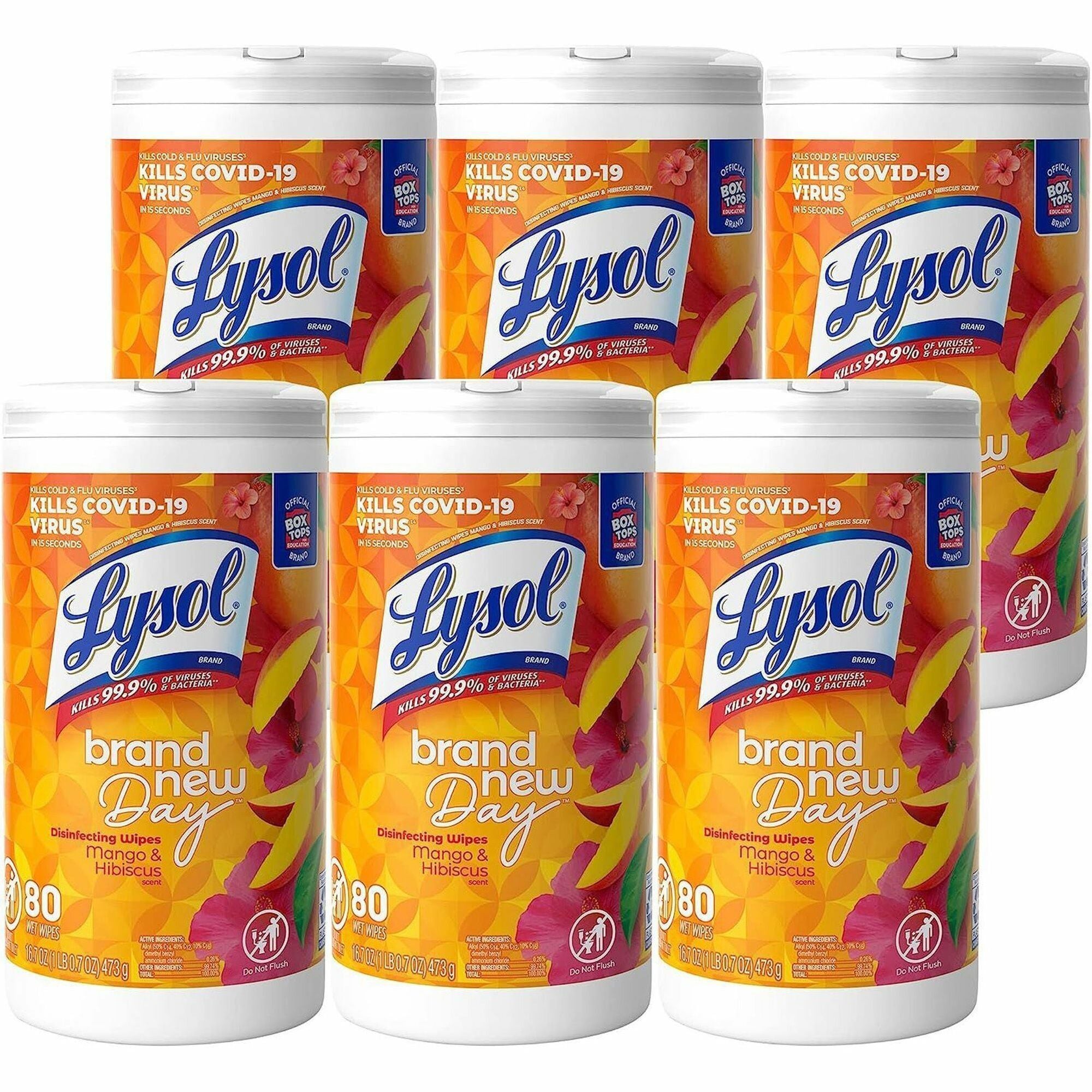 Lysol Brand New Day Disinfecting Wipes - Mango Scent - Disinfectant, Pre-moistened, Strong - White - 80/Tub - 6 / Carton