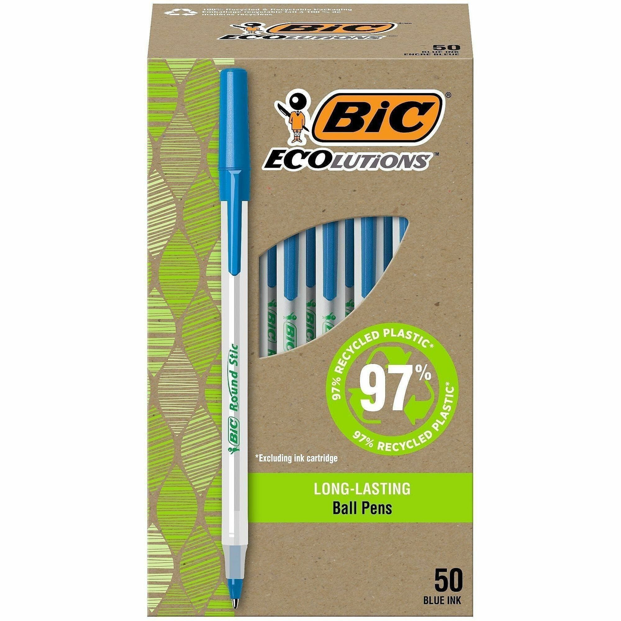 BIC Ecolutions Round Stic Ball Point Pen - 1 mm Pen Point - Blue Ink - Semi Clear Barrel - 50 / Box