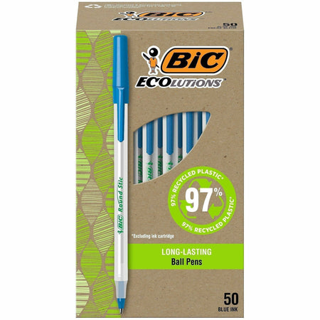 BIC Ecolutions Round Stic Ball Point Pen - 1 mm Pen Point - Blue Ink - Semi Clear Barrel - 50 / Box