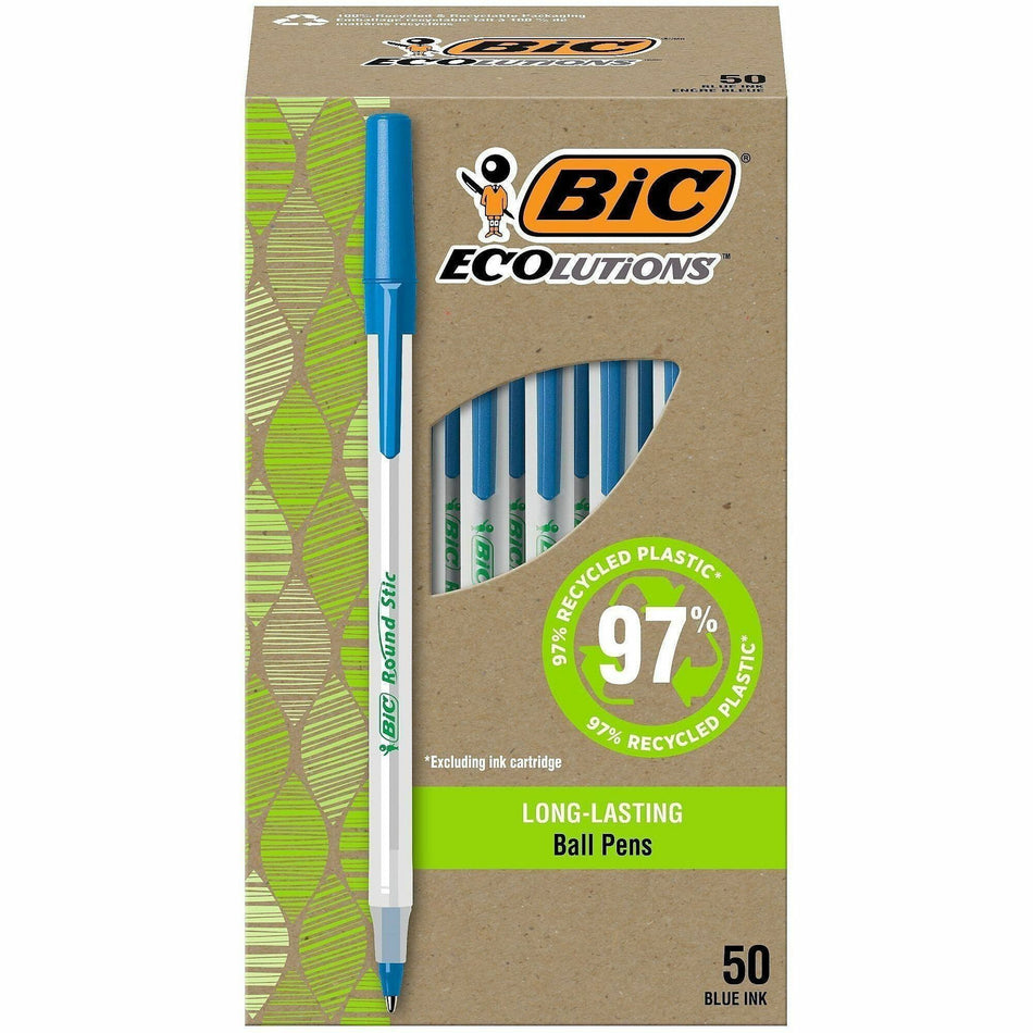 BIC Ecolutions Round Stic Ball Point Pen - 1 mm Pen Point - Blue Ink - Semi Clear Barrel - 50 / Box