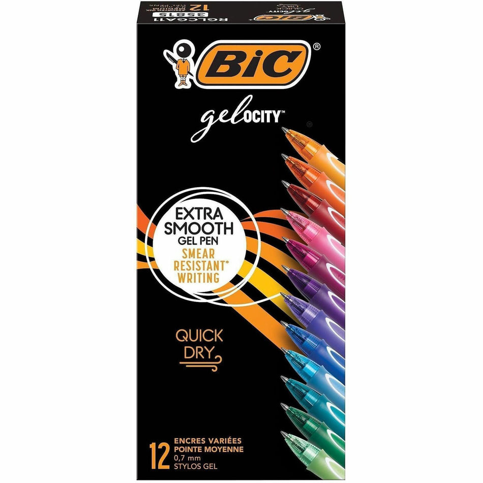 BIC Gel-ocity Gel Pen - 0.7 mm Medium Pen Point - Retractable - Assorted Ink - Gel-based - 1 Dozen