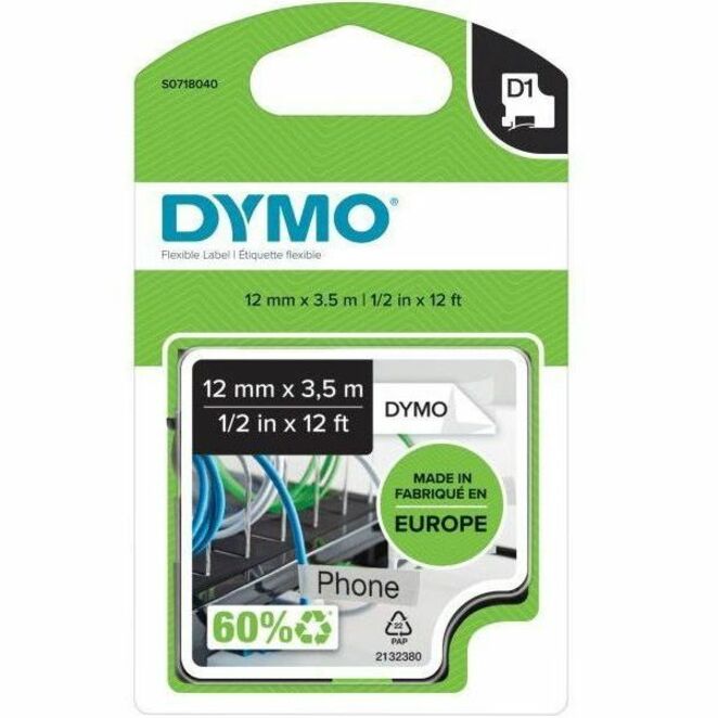 Dymo D1 Flexible Nylontape 12mm - x 15/32" Width - Tape - Permanent Adhesive - Arched Rectangle - White - Nylon, Fabric - Self-adhesive, Flexible, Damage Resistant - 1 Each