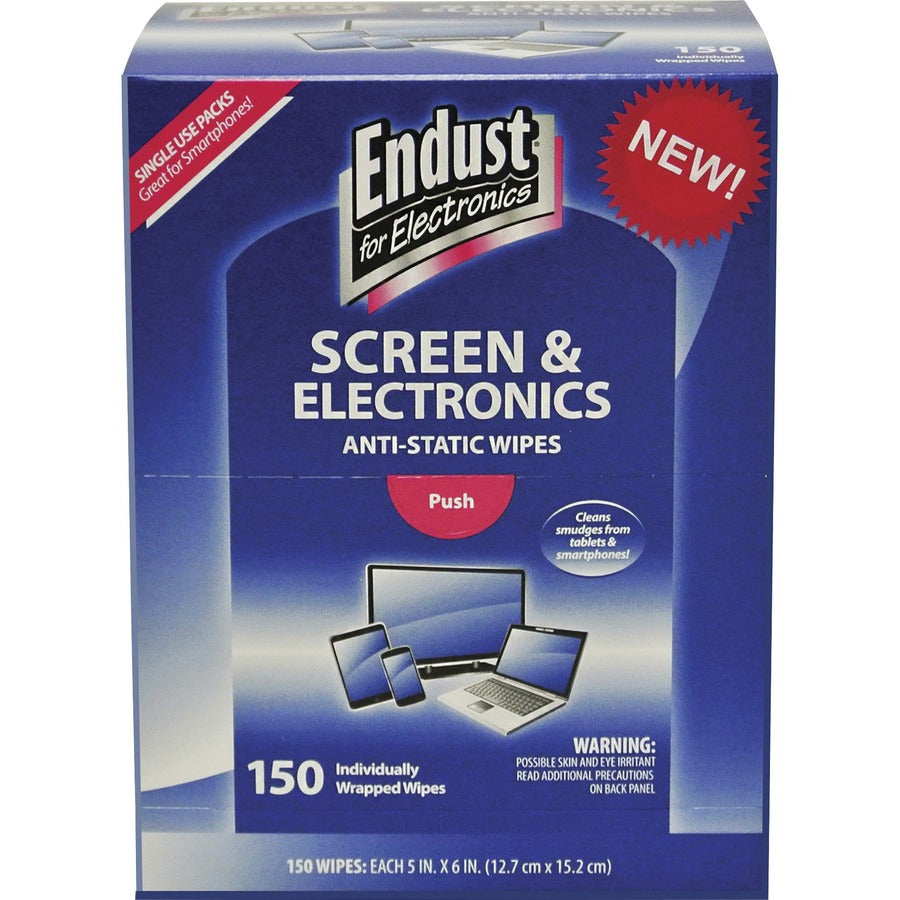 Endust Screen/Electronics Clean Wipes - For Smartphone, Handheld Device, Notebook, LCD, GPS Navigation System, Display Screen - Anti-static, Alcohol-free, Ammonia-free, Soft, Non-abrasive - Blue - 150 / Pack