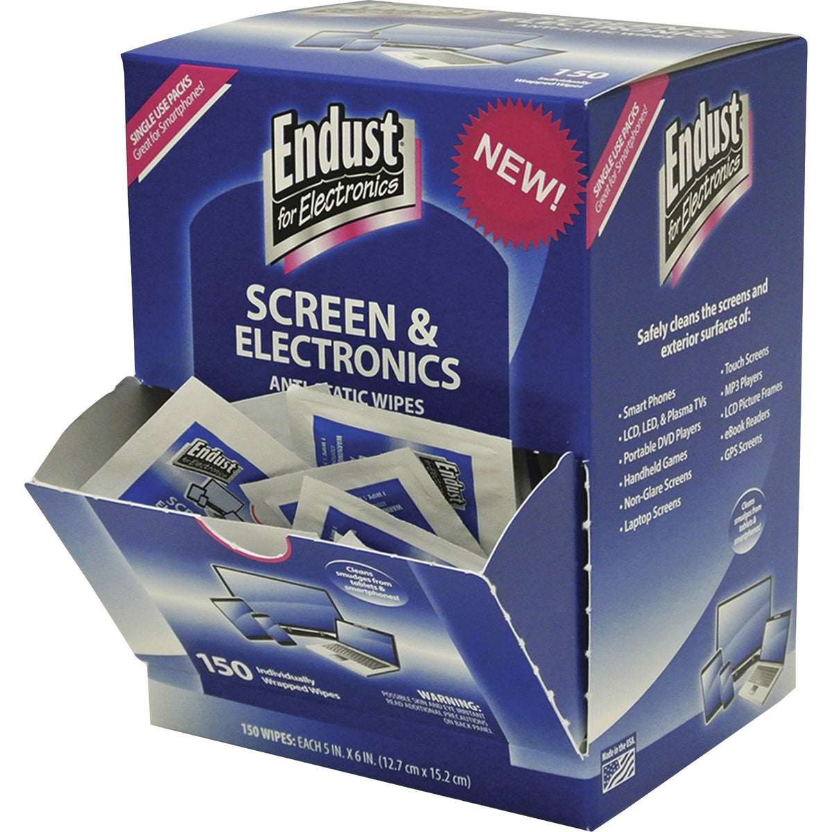 Endust Screen/Electronics Clean Wipes - For Smartphone, Handheld Device, Notebook, LCD, GPS Navigation System, Display Screen - Anti-static, Alcohol-free, Ammonia-free, Soft, Non-abrasive - Blue - 150 / Pack