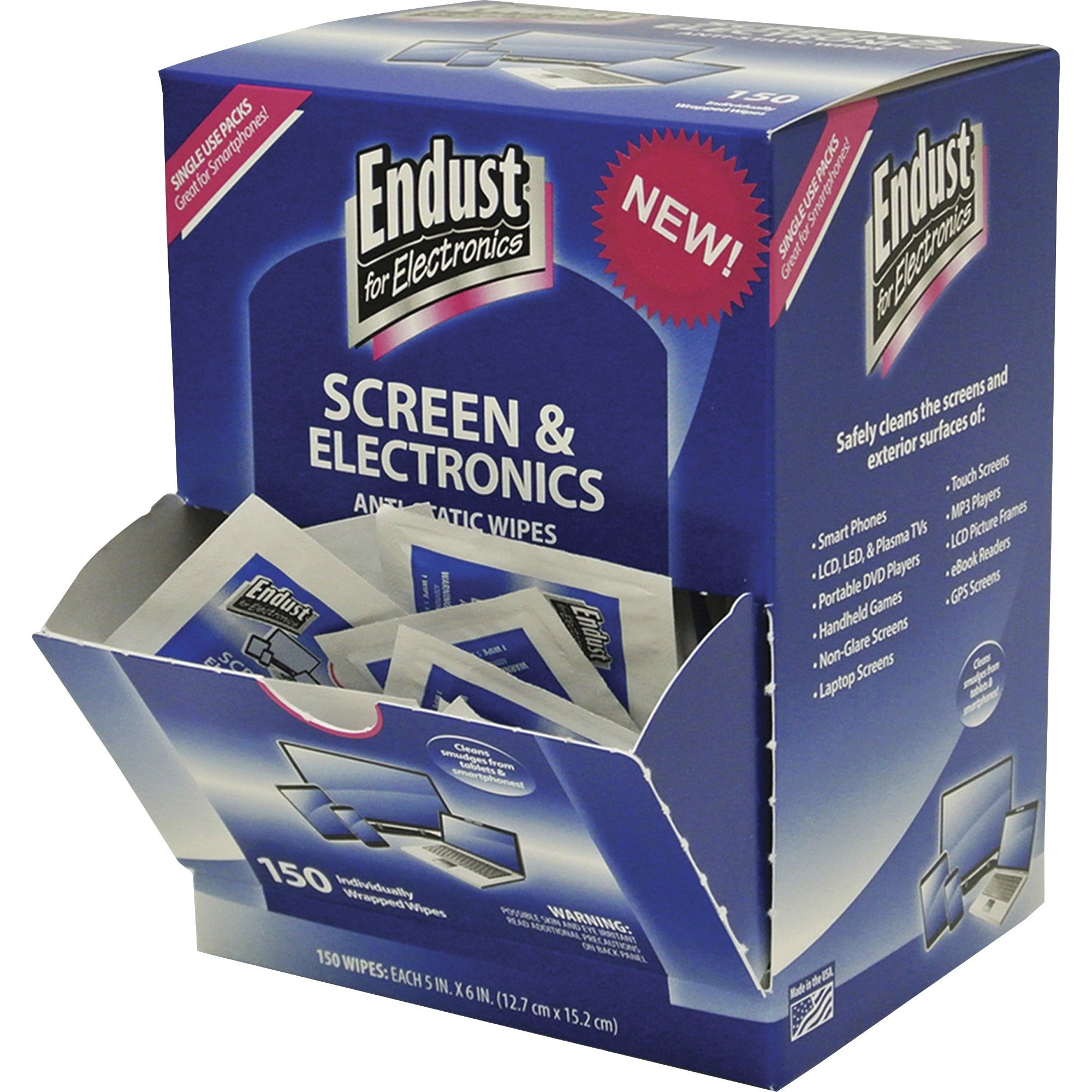 Endust Screen/Electronics Clean Wipes - For Smartphone, Handheld Device, Notebook, LCD, GPS Navigation System, Display Screen - Anti-static, Alcohol-free, Ammonia-free, Soft, Non-abrasive - Blue - 150 / Pack