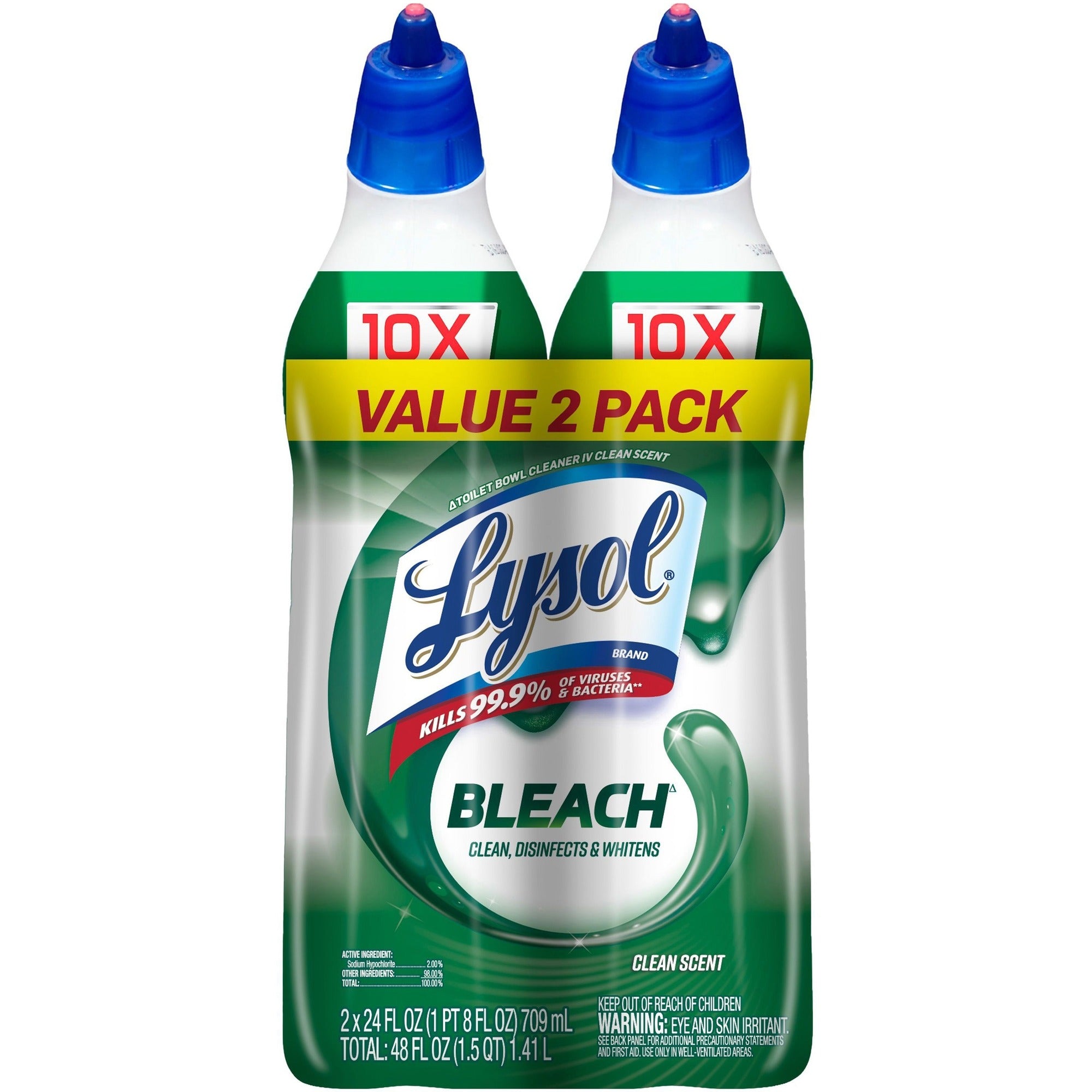 Lysol Bleach Toilet Bowl Cleaner - 24 fl oz (0.8 quart) - Disinfectant, Deodorize - Blue Bottle - 2 / Pack