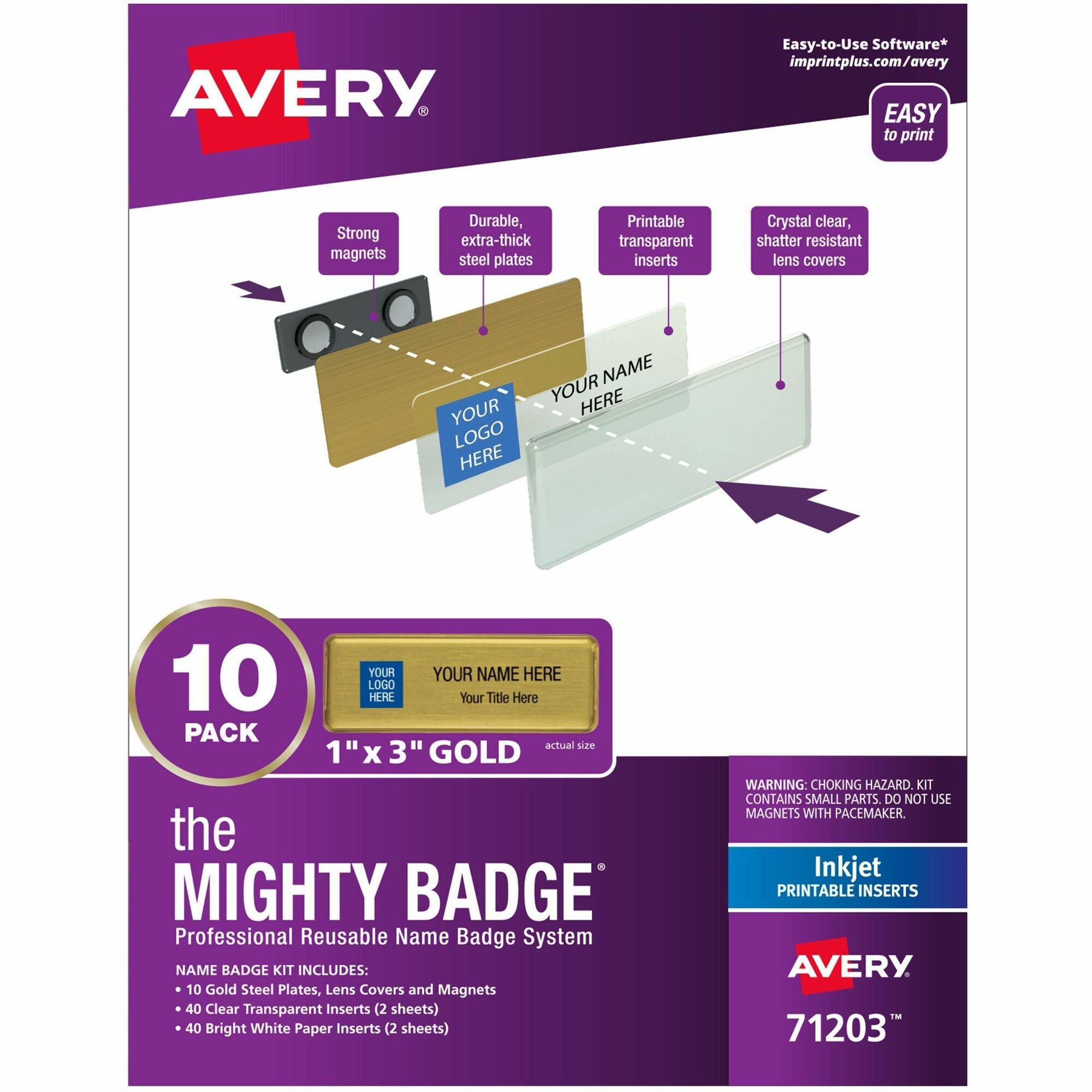 The Mighty Badge® by Avery® Mighty Badge Professional Reusable Name Badge System - Plastic - Gold - 10 / Pack