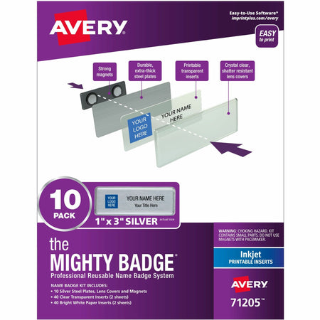 The Mighty Badge® by Avery® Mighty Badge Professional Reusable Name Badge System - Plastic - Silver - 10 / Pack