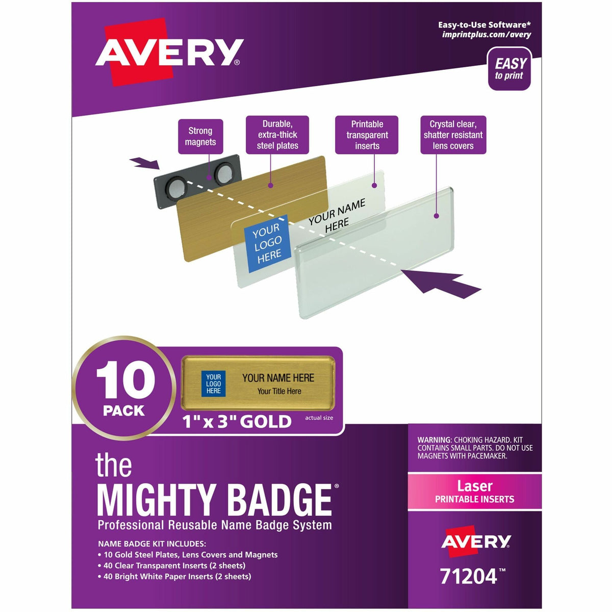 The Mighty Badge® by Avery® Mighty Badge Professional Reusable Name Badge System - Plastic - Gold - 10 / Pack