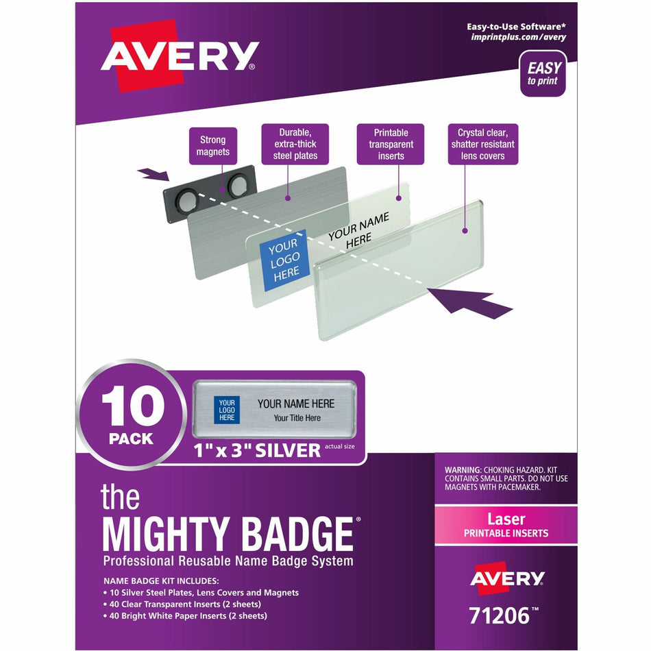 The Mighty Badge® by Avery® Mighty Badge Professional Reusable Name Badge System - Plastic - Silver - 10 / Pack