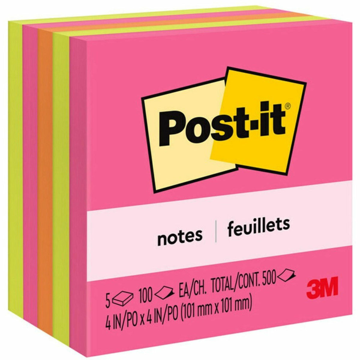 Post-it® Notes - Poptimistic Color Collection - 4" Flag/Note Width x 4" Flag/Note Length - Square - 100 Sheets per Pad - Fuchsia, Neon Green, Neon Orange - Repositionable, Self-adhesive - 5 / Pack