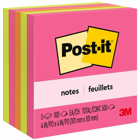 Post-it® Notes - Poptimistic Color Collection - 4" Flag/Note Width x 4" Flag/Note Length - Square - 100 Sheets per Pad - Fuchsia, Neon Green, Neon Orange - Repositionable, Self-adhesive - 5 / Pack