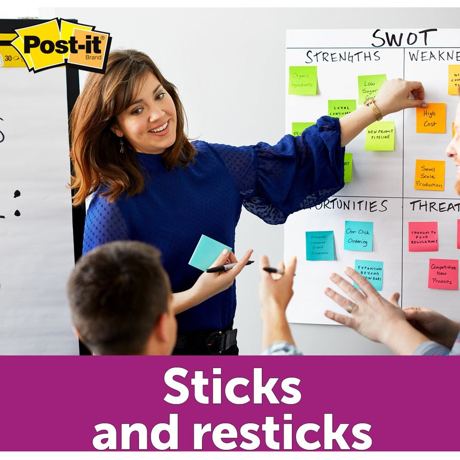 Post-it® Super Sticky Notes Bus Cabinet Pack - 3" Flag/Note Width x 3" Flag/Note Length - Square - 70 Sheets per Pad - Iris, Electric Blue, Evergreen, Yellow, Candy Red - Sticky, Recyclable, Adhesive, Reusable - 24 / Pack