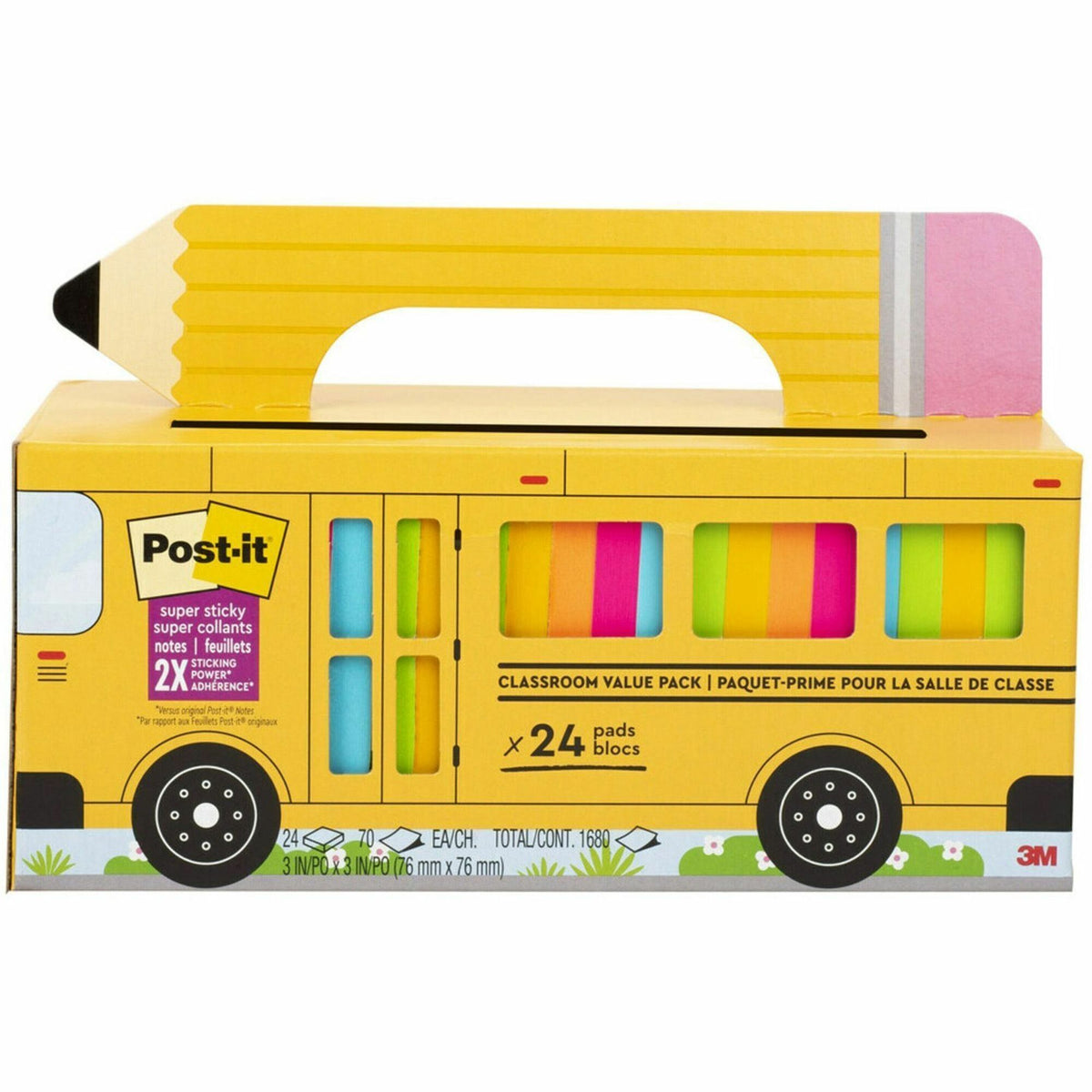 Post-it® Super Sticky Notes Bus Cabinet Pack - 3" Flag/Note Width x 3" Flag/Note Length - Square - 70 Sheets per Pad - Iris, Electric Blue, Evergreen, Yellow, Candy Red - Sticky, Recyclable, Adhesive, Reusable - 24 / Pack