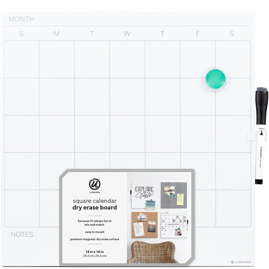 U Brands Magnetic Frameless Dry-Erase Calendar Board - 14" (1.2 ft) Width x 14.6" (1.2 ft) Height - White Painted Steel Surface - Square - Horizontal - Magnetic - 1 Each