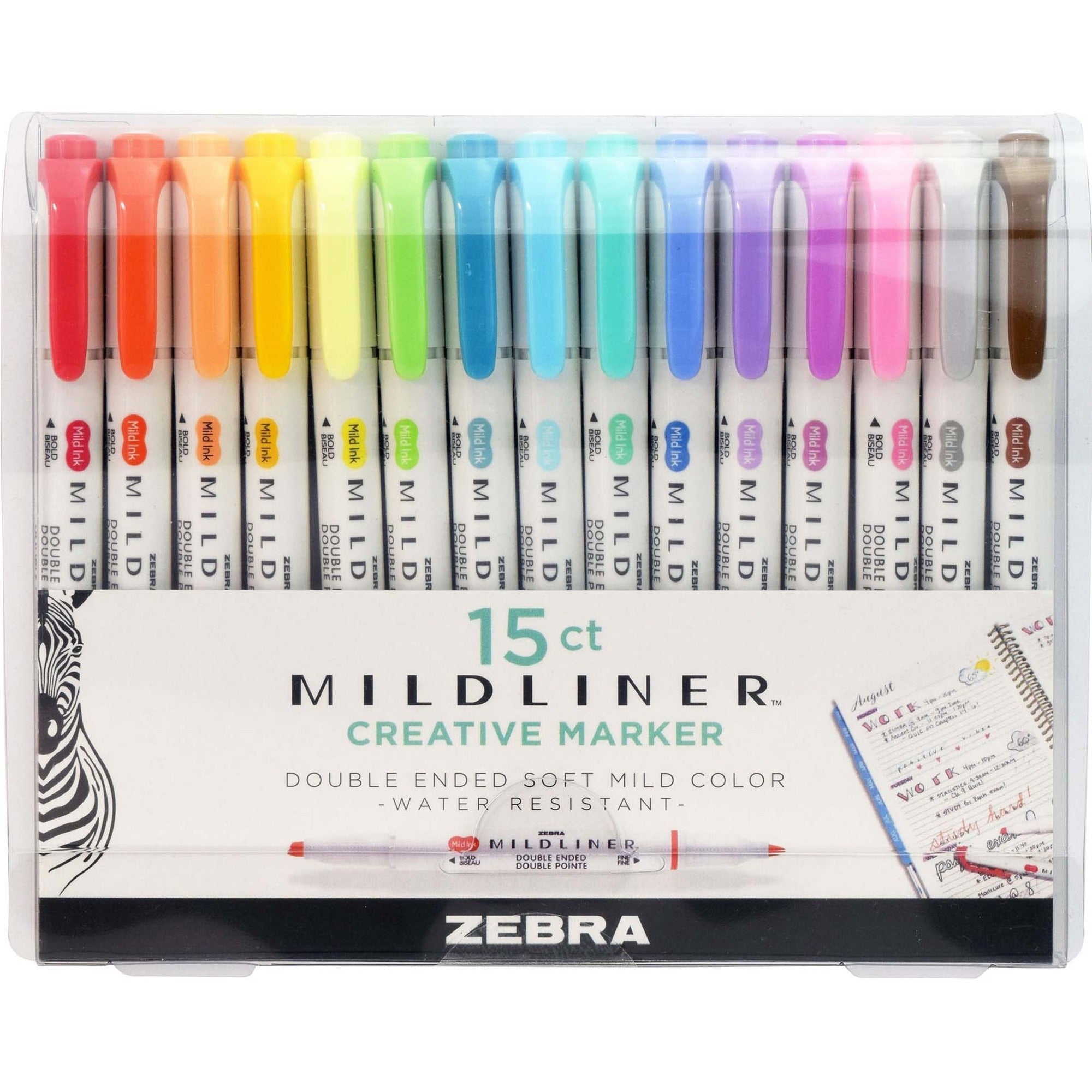 Zebra Pen MILDLINER Dual Ended Creative Marker - Fine Chisel, Bullet Marker Point - Assorted Ink - White Barrel - 15 / Pack