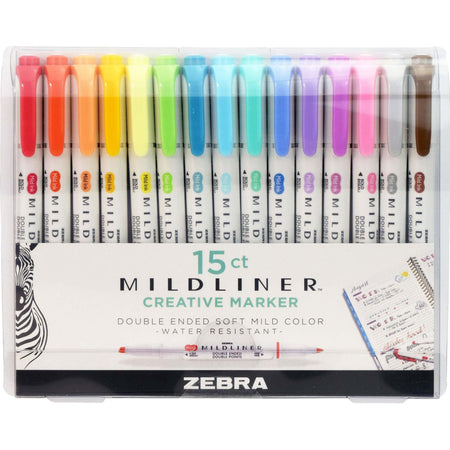 Zebra Pen MILDLINER Dual Ended Creative Marker - Fine Chisel, Bullet Marker Point - Assorted Ink - White Barrel - 15 / Pack