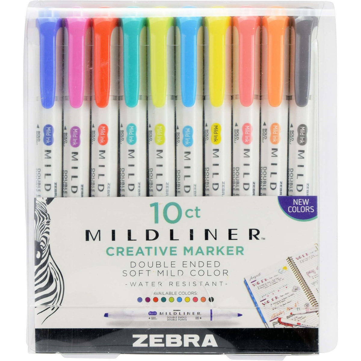 Zebra Pen MILDLINER Dual Ended Creative Marker - Fine Chisel, Bullet Marker Point - Assorted Ink - White Barrel - 10 / Pack