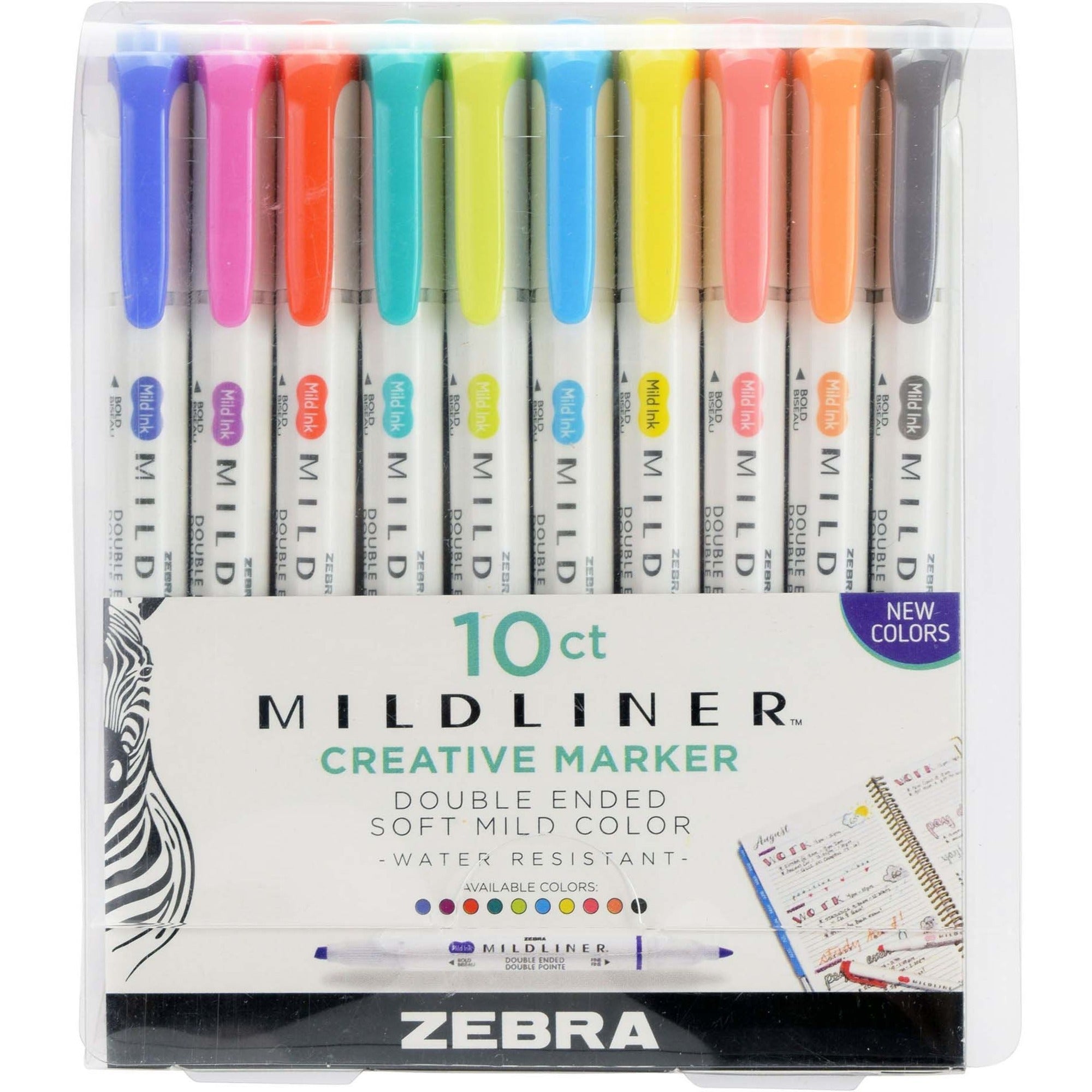 Zebra Pen MILDLINER Dual Ended Creative Marker - Fine Chisel, Bullet Marker Point - Assorted Ink - White Barrel - 10 / Pack