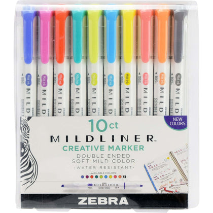 Zebra Pen MILDLINER Dual Ended Creative Marker - Fine Chisel, Bullet Marker Point - Assorted Ink - White Barrel - 10 / Pack