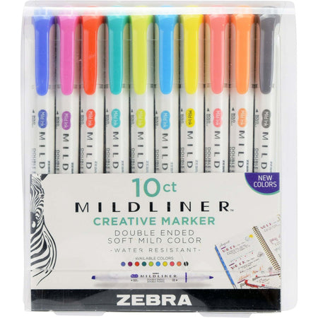 Zebra Pen MILDLINER Dual Ended Creative Marker - Fine Chisel, Bullet Marker Point - Assorted Ink - White Barrel - 10 / Pack