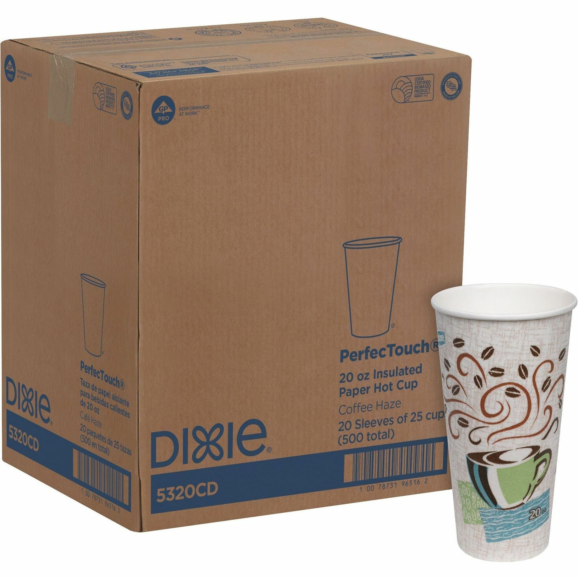 Dixie PerfecTouch 20 oz Insulated Paper Hot Coffee Cups by GP Pro - 20 fl oz - White, Green, Brown - Paper - Hot Drink - 25/Pack - 20 / Carton