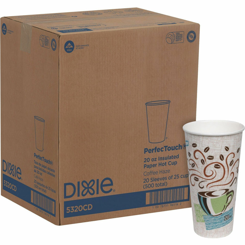 Dixie PerfecTouch 20 oz Insulated Paper Hot Coffee Cups by GP Pro - 20 fl oz - White, Green, Brown - Paper - Hot Drink - 25/Pack - 20 / Carton
