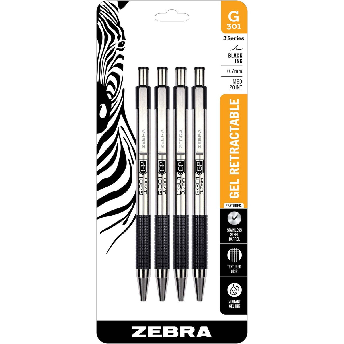 Zebra Pen STEEL 3 Series G-301 Retractable Gel Pen - 0.7 mm Pen Point - Refillable - Retractable - Black Ink - Gel-based - Metal Barrel - 4 / Pack