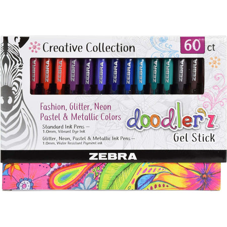 Zebra Pen Doodler'z Gel Stick Pens - 1 mm Bold Needle Pen Point - Metallic, Neon, Assorted Ink - Water Based, Dye-based, Pigment-based - Translucent Barrel - 60 / Pack