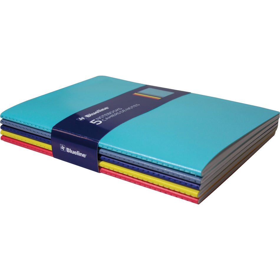 Rediform Blueline 5 Notebooks Pack - 64 Pages - Sewn - 5 3/4" x 8 1/4" Sheet Size - Assorted Cover - Soft Cover, Flexible Cover, Bleed Resistant - 5 / Pack