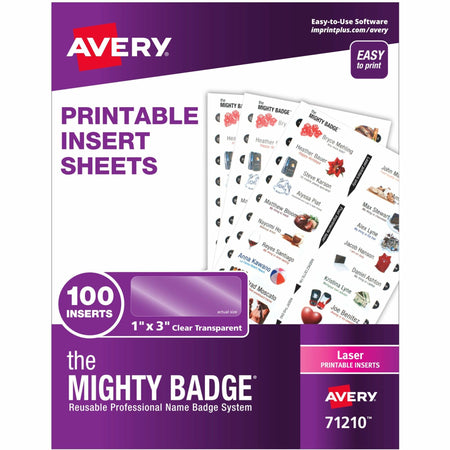 The Mighty Badge® by Avery® The Mighty Badge Printable Insert Sheets, 100 Clear Inserts, Laser - Printable, Non-adhesive, Easy Peel, Reusable - Clear - 100 / Pack