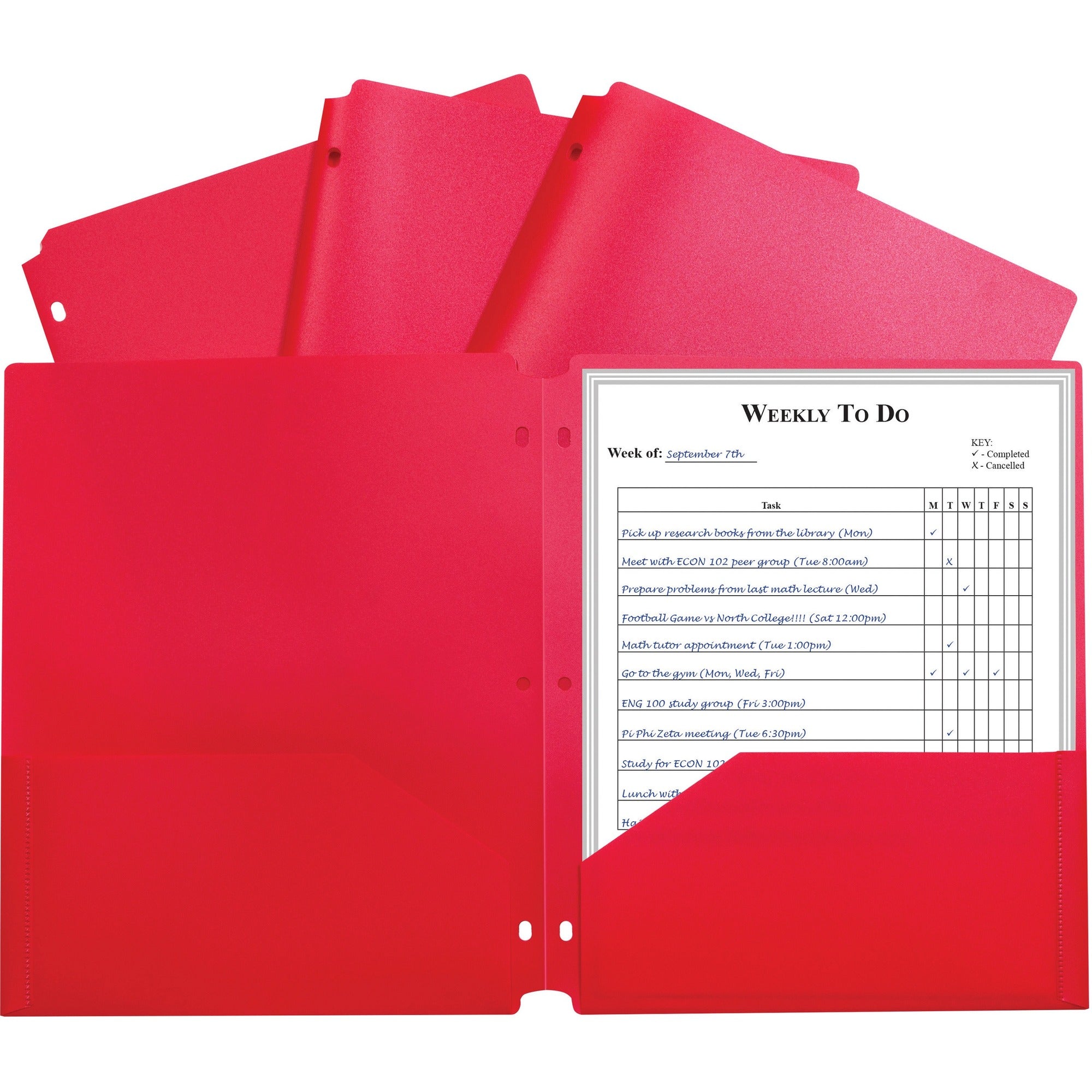 C-Line 2-pocket Heavyweight Poly Portfolio Pocket - 9.4" Width x 11.4" Length x 100 mil Thickness - For Letter 8 1/2" x 11" Sheet - 3 x Holes - Ring Binder - Rectangular - Red - Polypropylene - 25 / Box