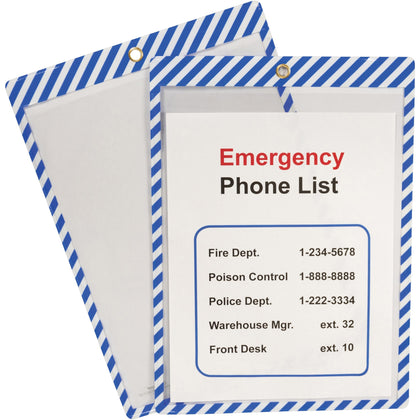 C-Line Safety Striped Shop Ticket Holders - Durable Vinyl - Blue/White - 25/Box - Sheet Protectors