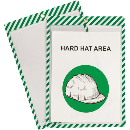 C-Line Safety Striped Shop Ticket Holders - 0.1" Height x 9.8" Width x 13.6" Length - Vinyl - White, Green - 25 / Box