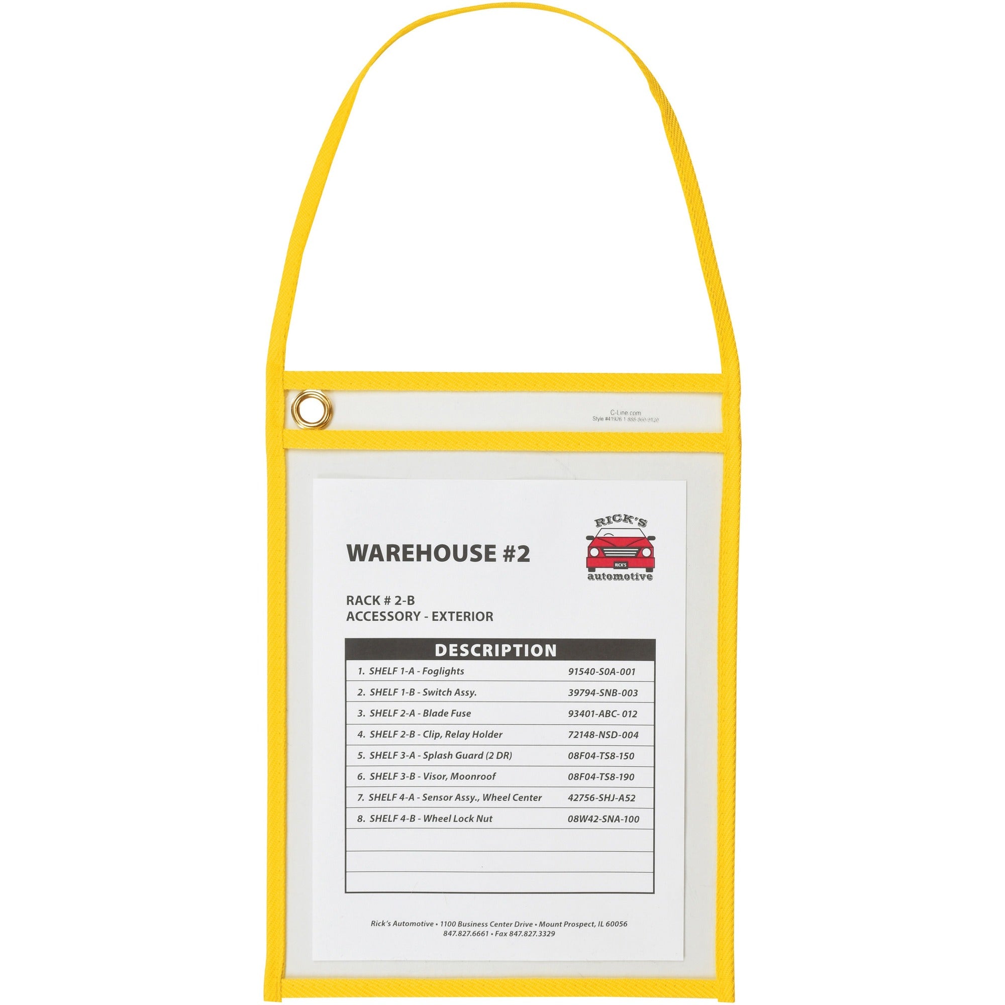 C-Line Hanging Strap Shop Ticket Holder - 12" Height x 9" Width x 16" Length - Vinyl - Yellow - 15 / Box