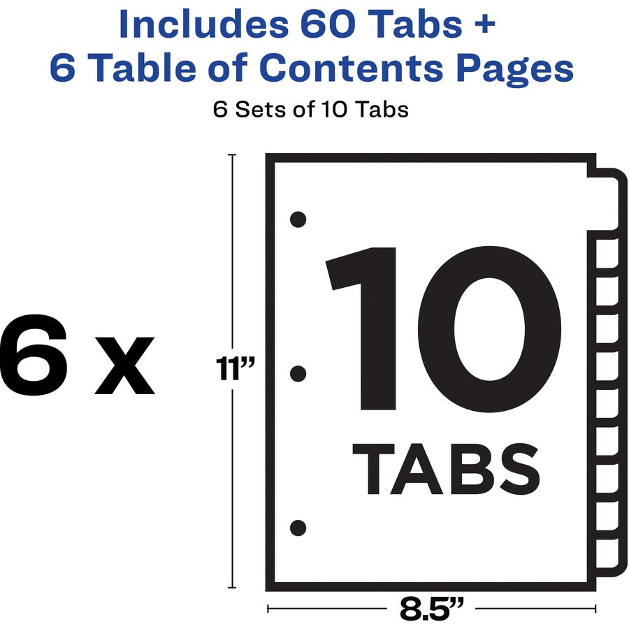 Avery® Ready Index 10-tab Custom TOC Dividers - 60 x Divider(s) - 1-10, Table of Contents - 10 Tab(s)/Set - 8.5" Divider Width x 11" Divider Length - 3 Hole Punched - White Paper Divider - White Paper Tab(s) - 6 / Pack