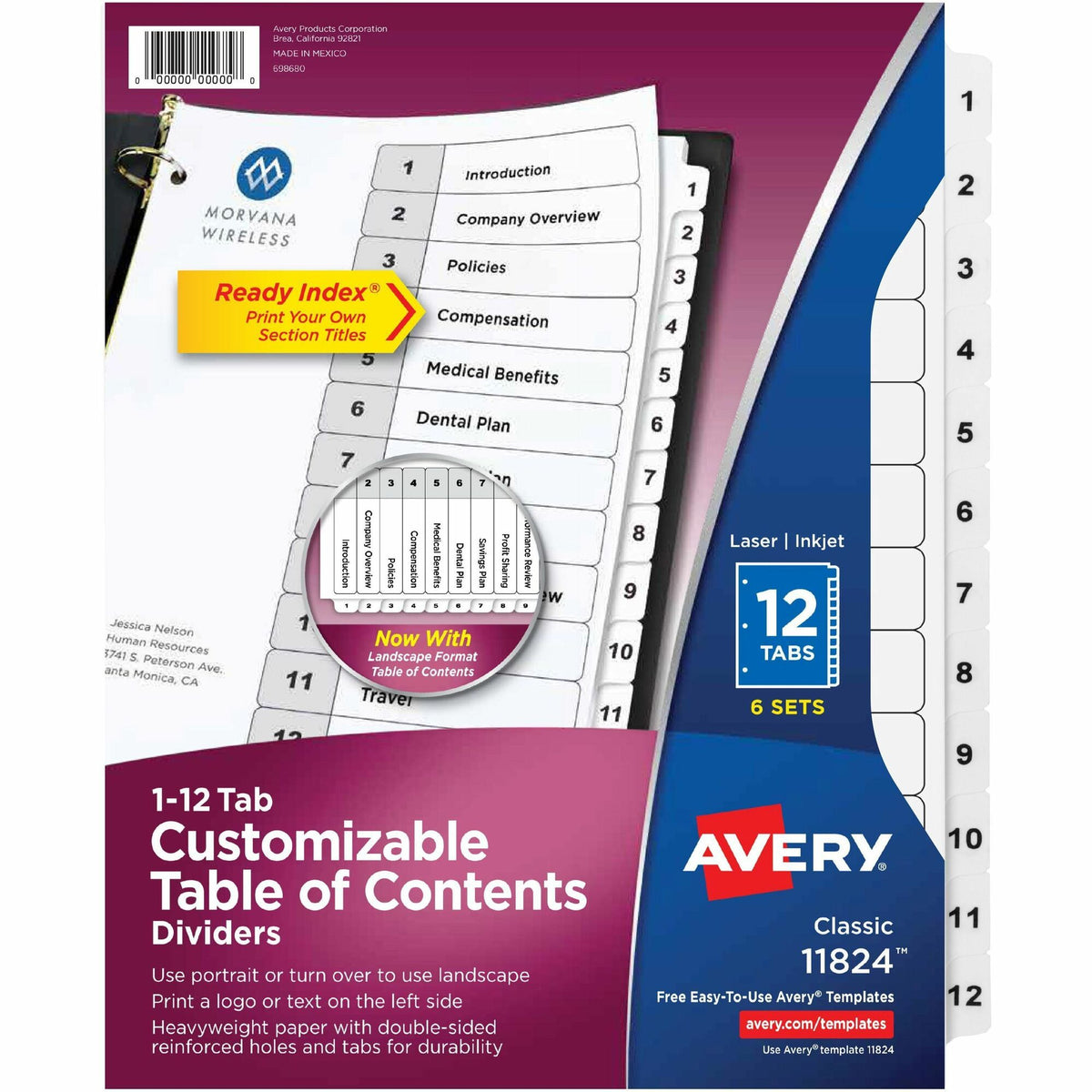 Avery® Ready Index 12-tab Custom TOC Dividers - 72 x Divider(s) - 1-12, Table of Contents - 12 Tab(s)/Set - 8.5" Divider Width x 11" Divider Length - 3 Hole Punched - White Paper Divider - White Paper Tab(s) - 6 / Pack