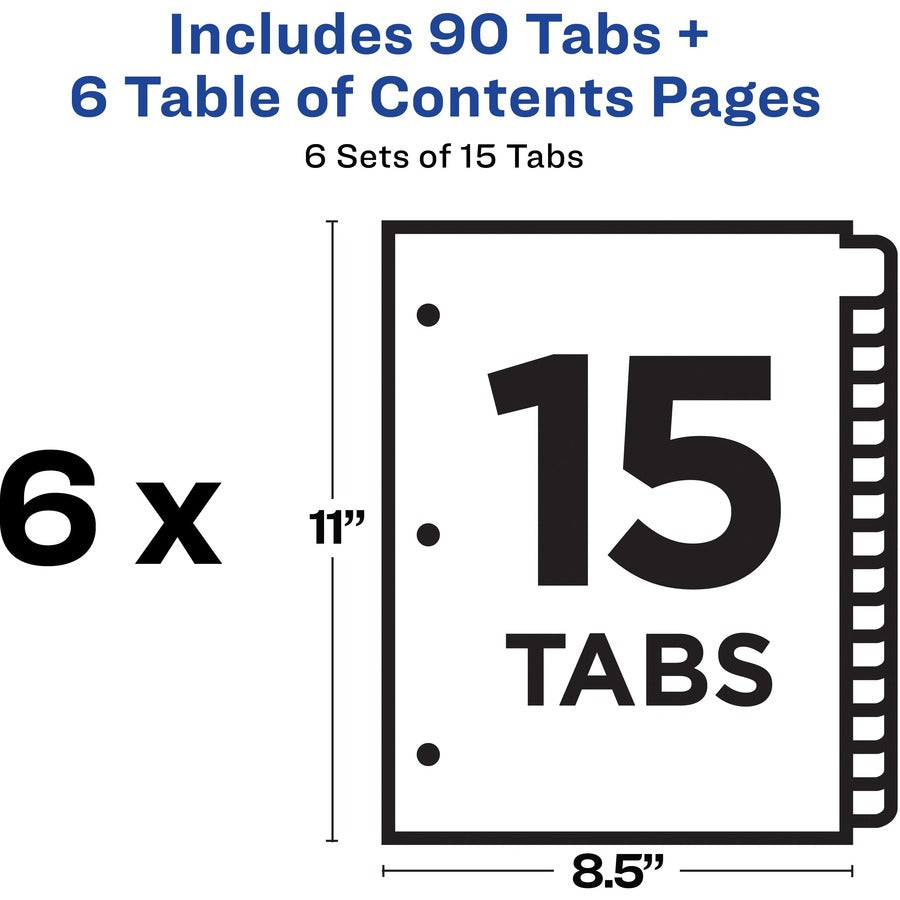 Avery® 15-tab Custom Table of Contents Dividers - 90 x Divider(s) - 1-15, Table of Contents - 15 Tab(s)/Set - 8.5" Divider Width x 11" Divider Length - 3 Hole Punched - White Paper Divider - White Paper Tab(s) - 6 / Pack