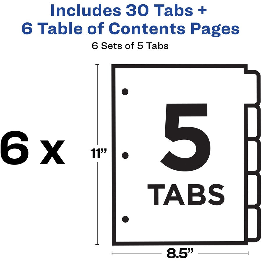 Avery® Classification Folder 5-tab TOC Dividers - 30 x Divider(s) - 1-5, Table of Contents - 5 Tab(s)/Set - 8.5" Divider Width x 11" Divider Length - 3 Hole Punched - White Paper Divider - White Paper Tab(s) - 6 / Pack