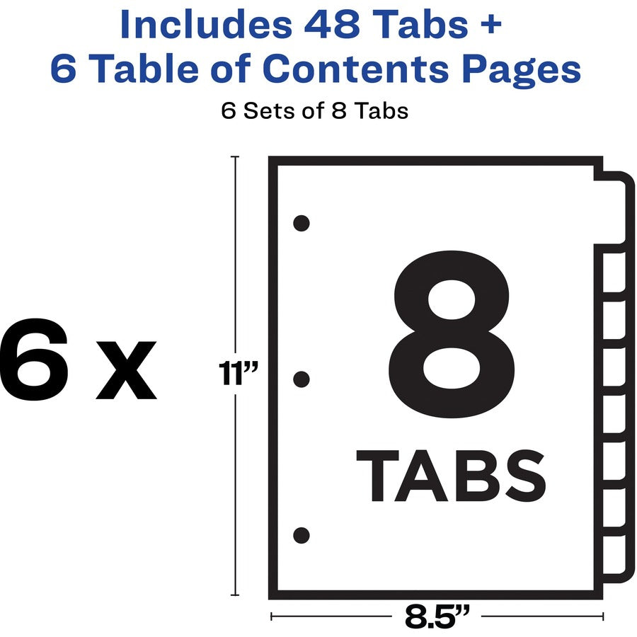 Avery® 8-tab Custom Table of Contents Dividers - 48 x Divider(s) - 1-8, Table of Contents - 8 Tab(s)/Set - 8.5" Divider Width x 11" Divider Length - 3 Hole Punched - White Paper Divider - White Paper Tab(s) - 6 / Pack