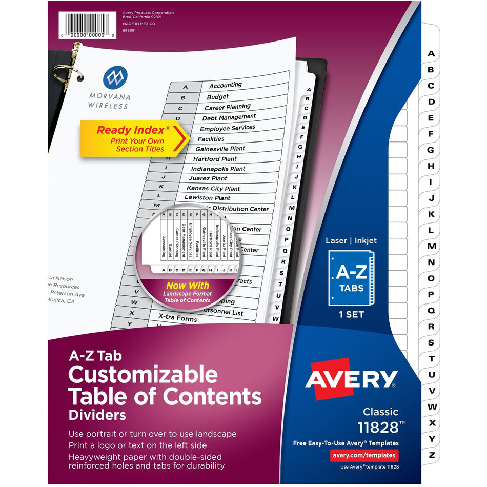 Avery® A-Z Black & White Table of Contents Dividers - 26 x Divider(s) - A-Z, Table of Contents - 26 Tab(s)/Set - 8.5" Divider Width x 11" Divider Length - 3 Hole Punched - White Paper Divider - White Paper Tab(s) - 26 / Set