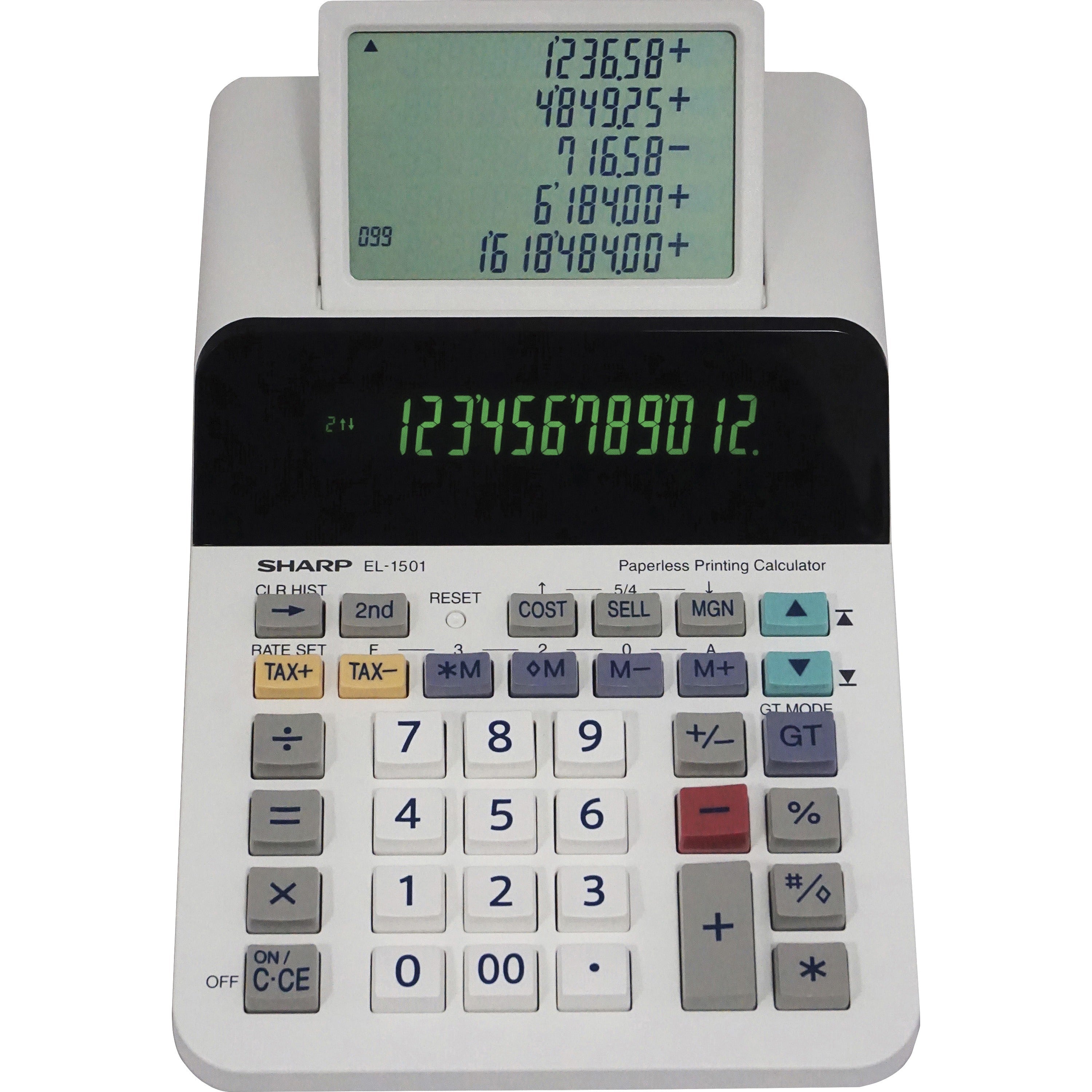 Sharp EL-1501 12-digit Printing Calculator - LCD Display, Compact, 4-Key Memory, Paperless Printing, Cordless - 12 Digits - LCD - Battery Powered - 4 x AA - 2" Height x 5.8" Width x 8.5" Length - White - Desktop - 1 Each
