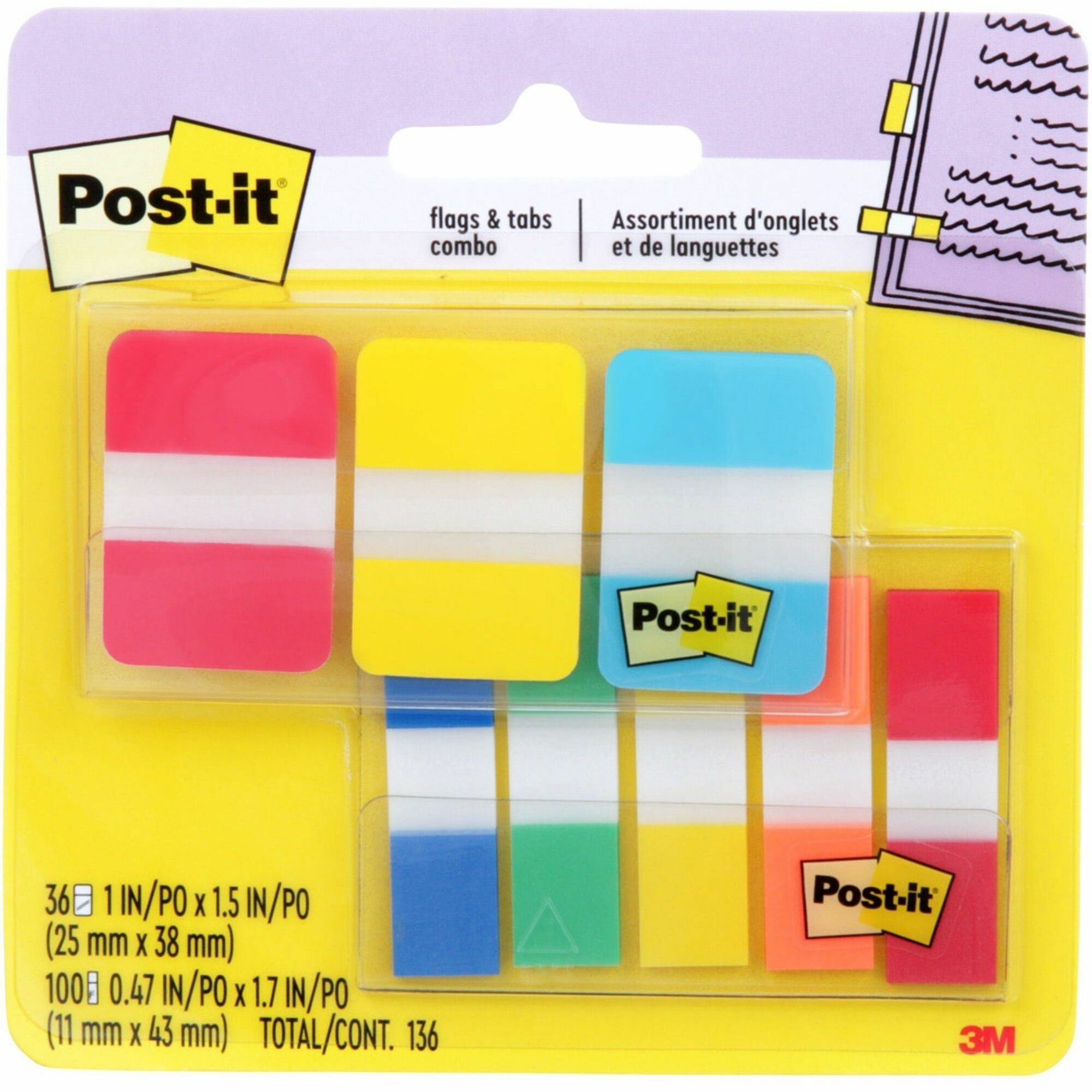 Post-it®  Tabs and Flags Combo Pack - Red, Yellow, Blue, Green, Orange - Sticky, Adhesive - 136 / Pack