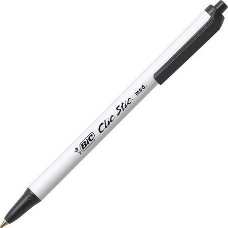 BIC Clic Stick 1.0mm Retractable Ball Pen - 1 mm Medium Pen Point - Retractable - Black Ink - White Barrel - 60 / Box