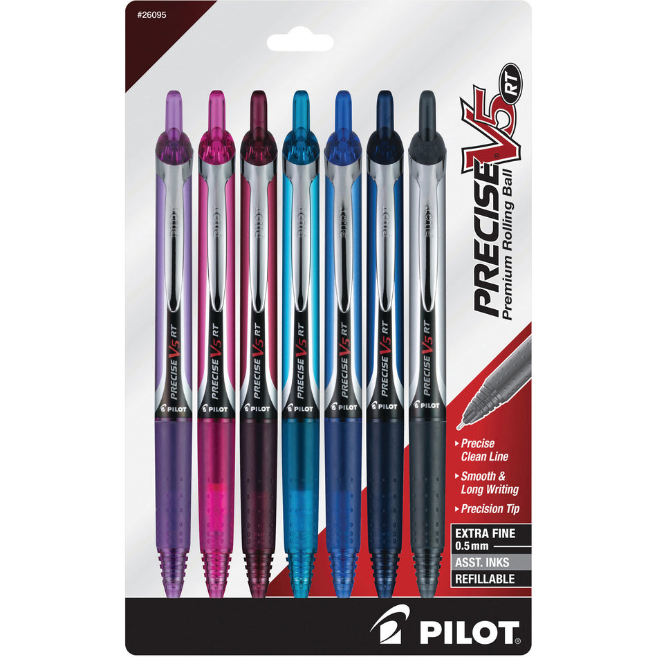 PRECISE V5 RT Premium Rolling Ball Pen - 0.5 mm Extra Fine Pen Point - Refillable - Retractable - Navy, Blue, Turquoise, Burgundy, Pink, Purple Ink - Liquid - 7 / Pack