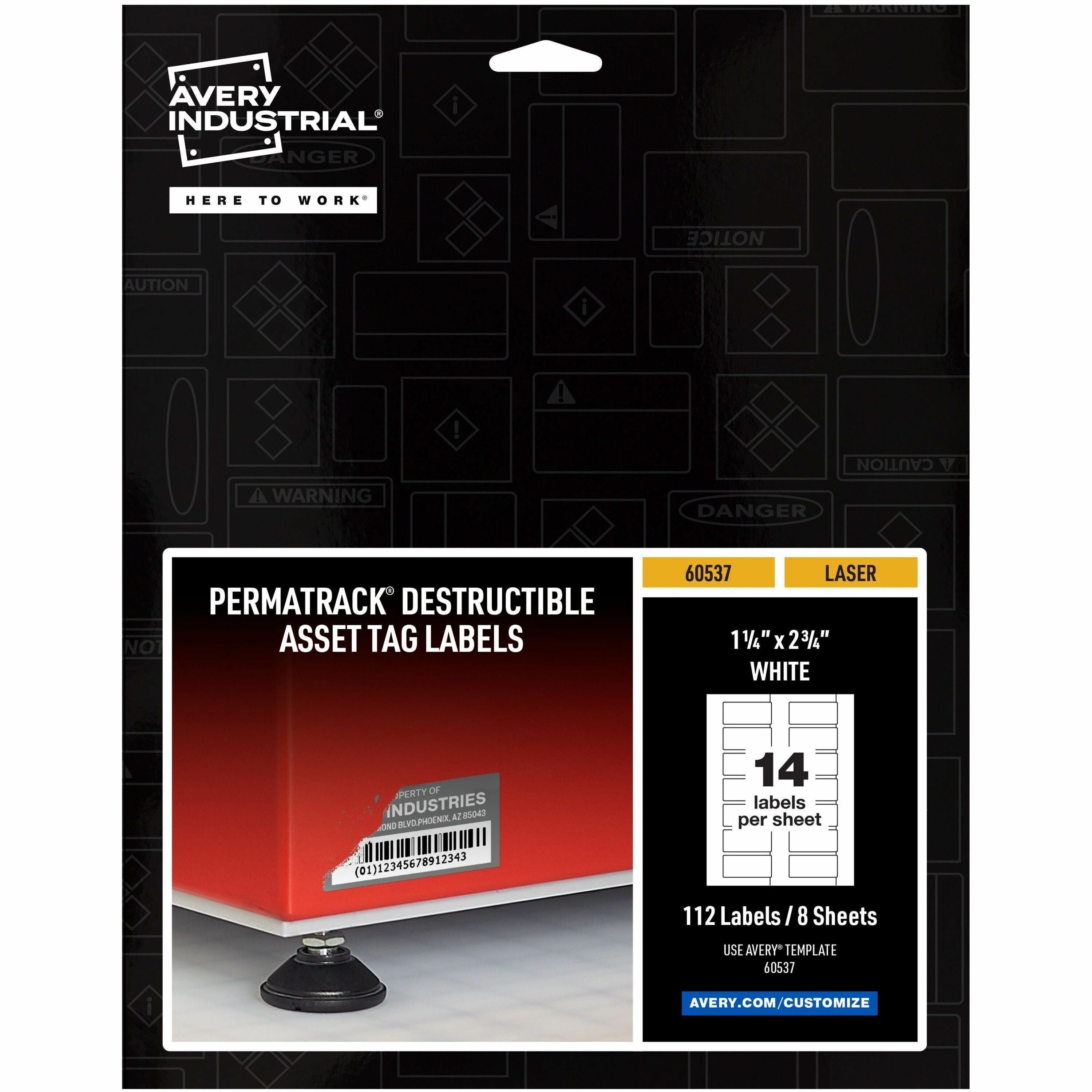 Avery®  PermaTrack Destructible Asset Tag Labels - 1.25" Length x 2.75" Width - Rectangular - White - 112 / Pack