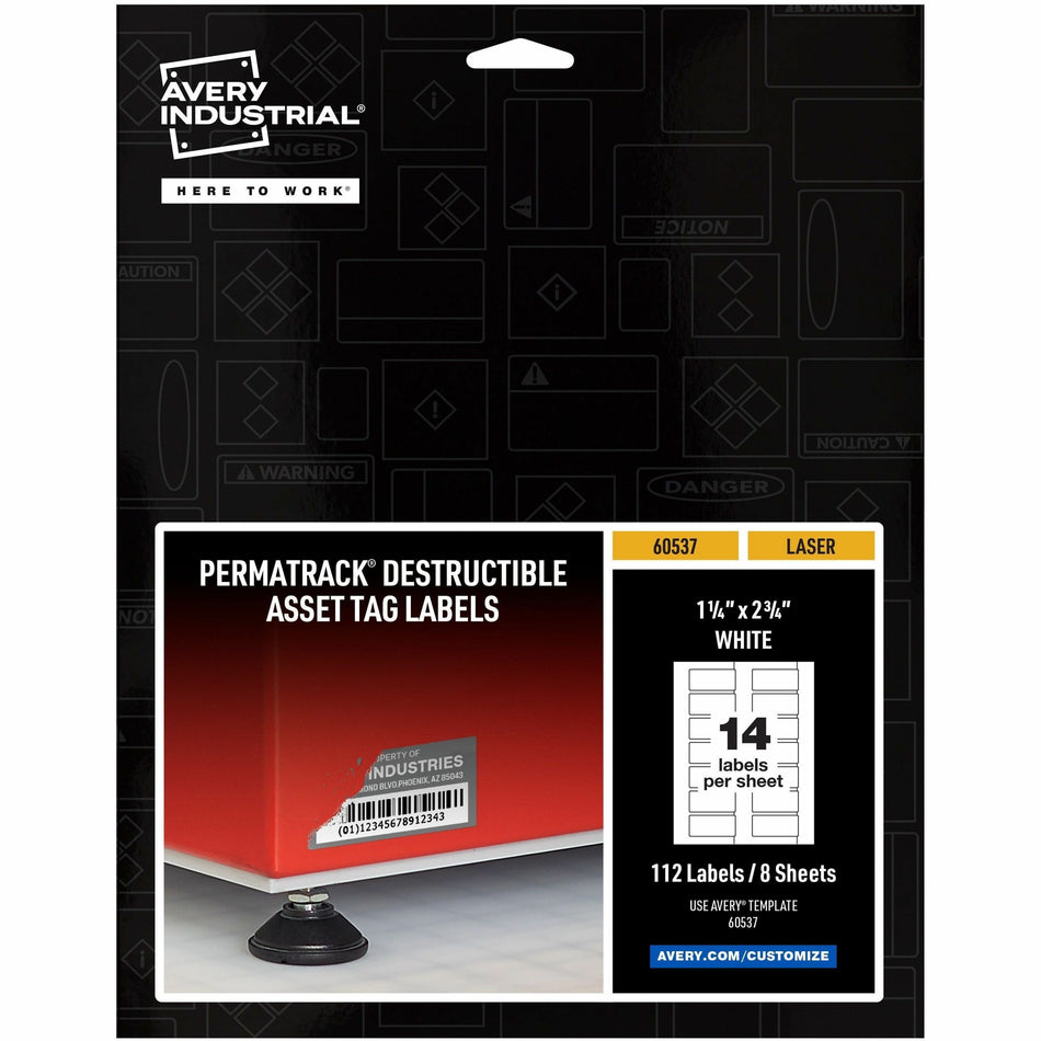 Avery®  PermaTrack Destructible Asset Tag Labels - 1.25" Length x 2.75" Width - Rectangular - White - 112 / Pack