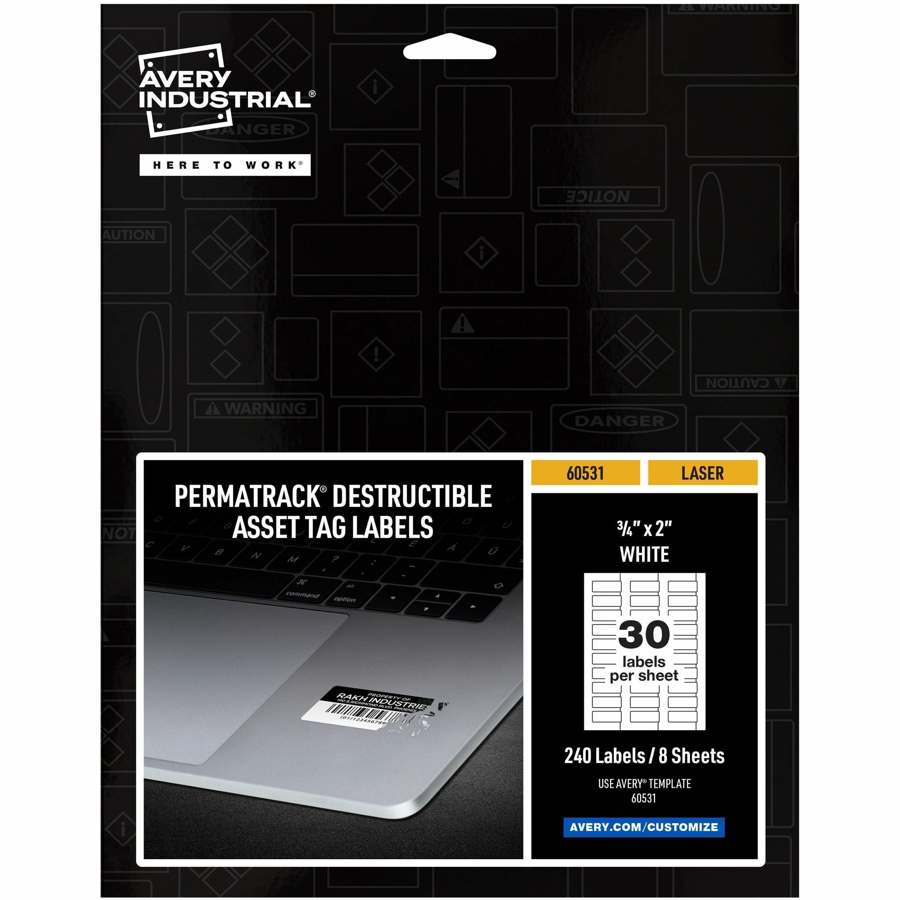 Avery®  PermaTrack Destructible Asset Tag Labels - 0.75" Length x 2" Width - Rectangular - White - 240 / Pack
